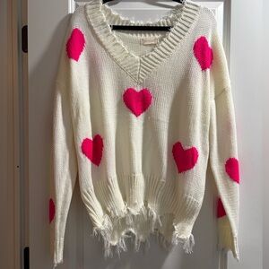 🩷 Altar’d State Ivory V-Neck Sweater with Pink Hearts 🩷